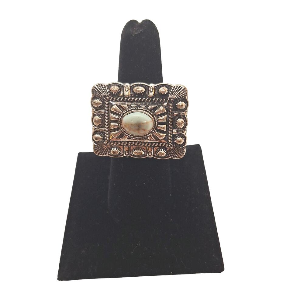 Stretch Ring Aqua Stone Accent Southwest Boho Style Silver Tone